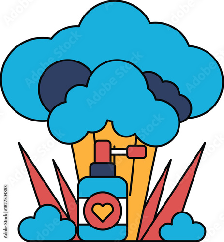 A cartoon of a cloud with a spray bottle of sunscreen on it