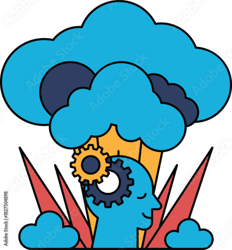 A man with a head and gears is sitting in a field of grass