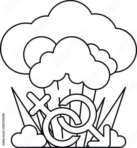 A black and white drawing of a cloud with two men's symbols on it
