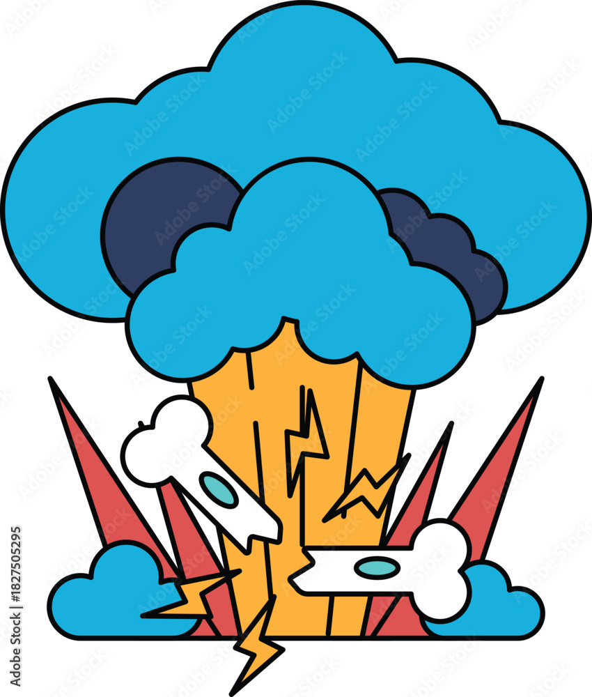 Naklejka premium A black and white drawing of a cloud with a lightning bolt