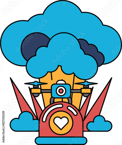 A cartoon drawing of a rocket with a camera on it