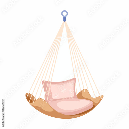 An aesthetically pleasing illustration of a stylish hanging chair with a beautiful floral cushion, inviting relaxation and comfort in an attractive and modern design.