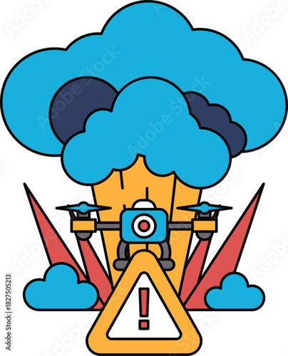 A black and white drawing of a bomb with a drone flying over it