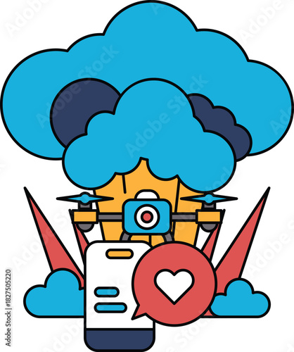 A drawing of a cloud with a camera and a heart