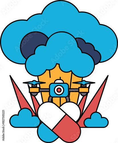 A cartoon of a camera and a pill bottle with a cloud in the background