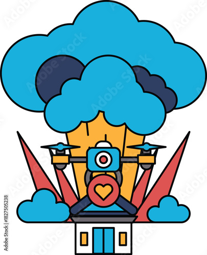 A house with a heart on it is surrounded by clouds