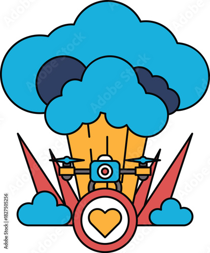 A cartoon of a drone with a camera on it flying through a cloud of smoke