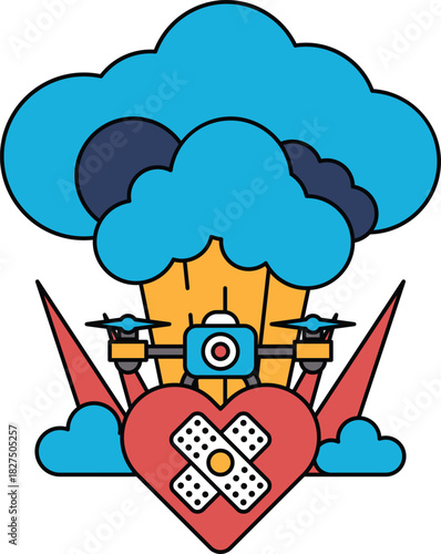 A black and white drawing of a heart with a bomb in the middle