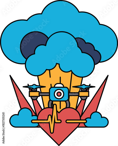 A black and white drawing of a heart with a camera and a drone in the middle