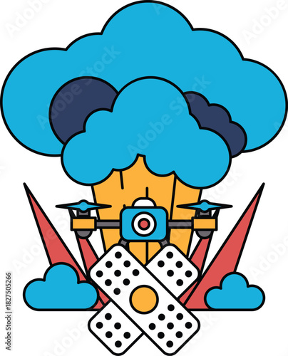 A black and white drawing of a drone with a camera on it