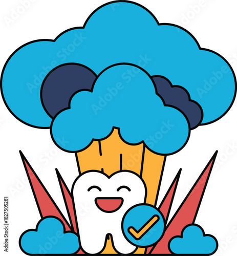 A cartoon of a tooth with a smile on it is surrounded by clouds