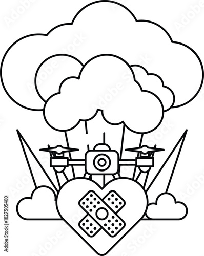 A black and white drawing of a heart with a bomb in the middle