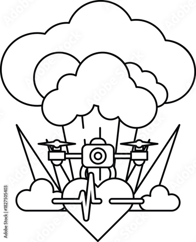 A black and white drawing of a heart with a camera and a drone in the middle