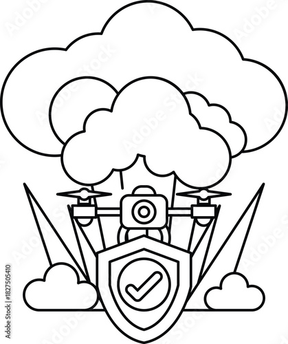 A black and white drawing of a cloud with a camera and a shield on top of it