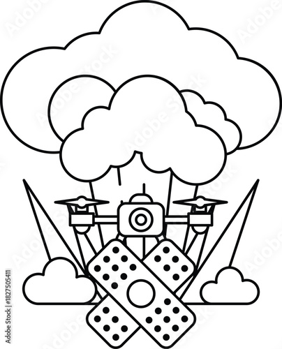 A black and white drawing of a drone with a camera on it