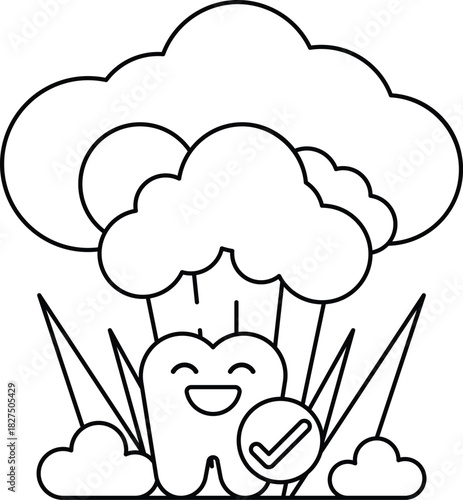 A cartoon of a tooth with a smile on it is surrounded by clouds