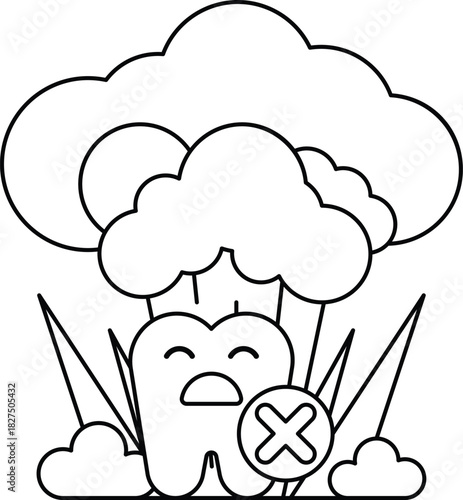 A cartoon of a tooth with a big X on it