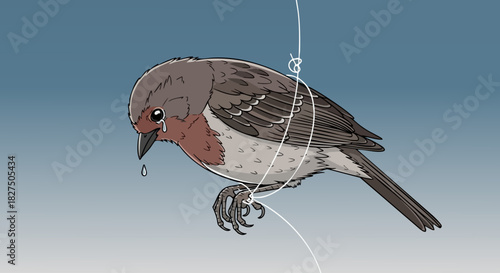Bird entangled in fishing line, wildlife entanglement scene with environmental harm concept and plastic impact message, suitable for poster design, article header, and eco-themed product mockup.
