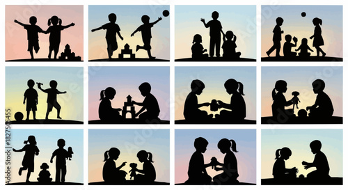 Silhouettes of Children Playing Together in Various Activities.