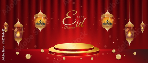 Luxurious Eid Mubarak banner. Red velvet background, golden product podium, and hanging lanterns (fanuses). Perfect for advertising and holiday greetings.