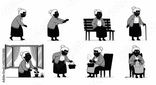 Illustrations of an Elderly Woman in Various Activities.