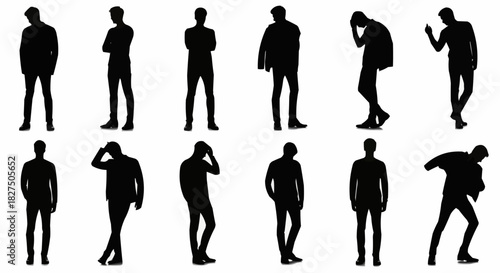 Collection of black silhouettes of a man in various standing poses.