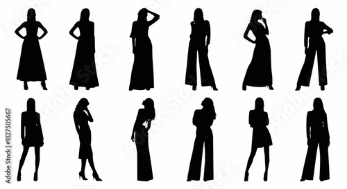 Collection of elegant women silhouettes in various fashion poses.