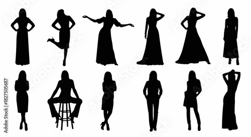 Silhouettes of elegant women in various poses and stylish dresses.