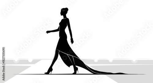 Elegant Silhouette of a Woman in a Flowing Gown on a Catwalk.