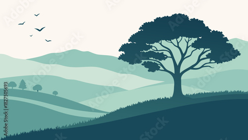 A serene, minimalist silhouette landscape in cool teal tones: a large tree stands on a gentle hill in the foreground, with rolling hills fading into the distance. A flock of birds flies across a pale 