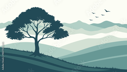 A large tree stands on a sloped hill, overlooking layered green-blue mountains and birds flying in the sky.