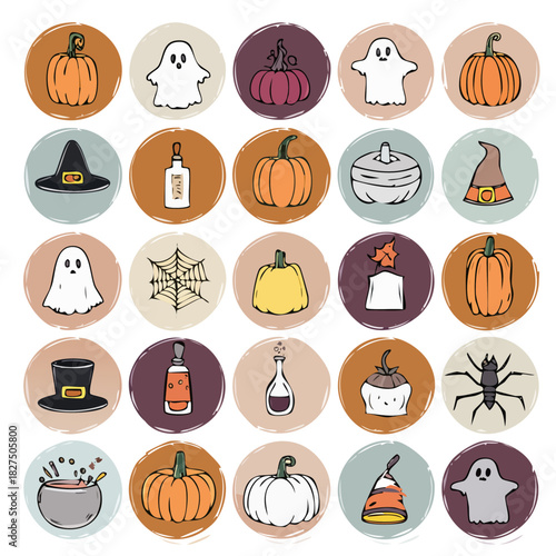 Hand-drawn Halloween icon set with pumpkins, ghosts, witch hats, potions, spider web, and spooky elements – vector illustration