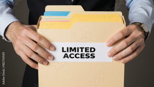 Businessman holding a folder marked limited access in a professional environment
