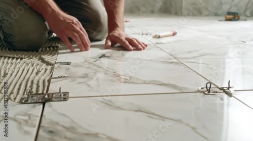 Tiler carefully installing modern marble floor tiles expertly