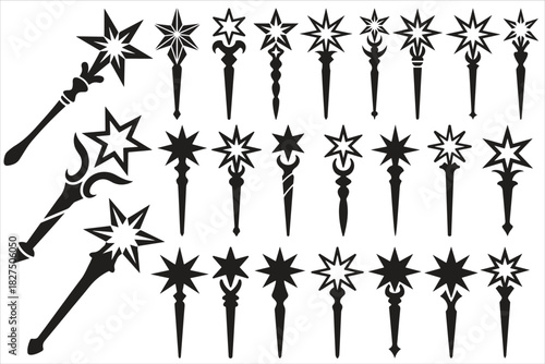 A simple and elegant black silhouette of a magic wand topped with a shining star