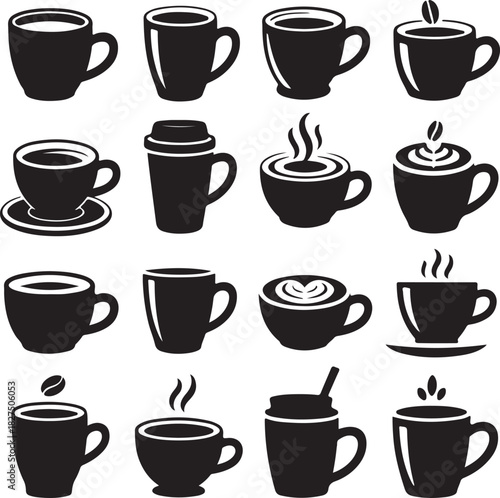 Black and White Coffee Cup Vector Icon Set of Various Designs