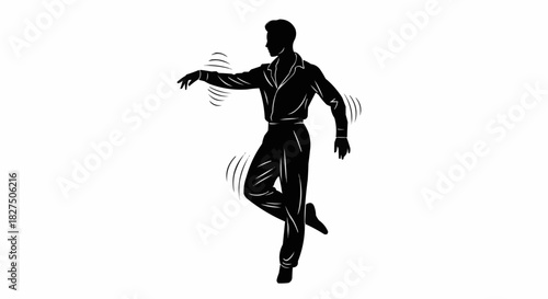 Black and white illustration of a man in a dynamic dance pose.