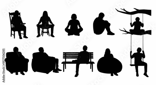 Collection of black silhouettes showing people sitting in various poses.