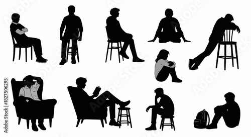 Collection of diverse human silhouettes in various sitting and resting poses.