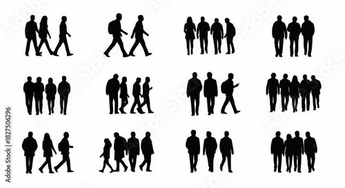 Collection of diverse human silhouettes in various poses and group formations.