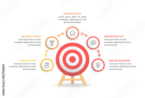 Infographic template with target with five elements for icons and text
