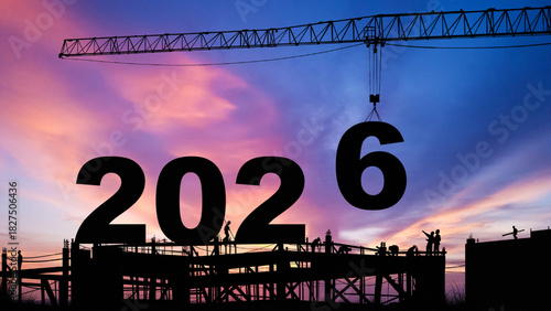 crane lifting number 6 come down to 2026 , prepare for welcome start of beginning new year 2025 with silhouette construction site and worker staff team cooperate together , sunrise sky at background