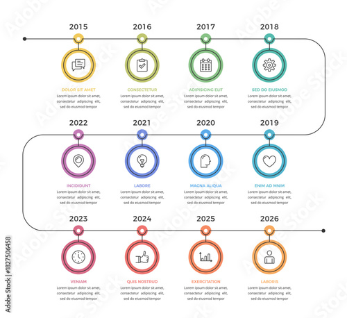 Timeline infographics template with 12 elements