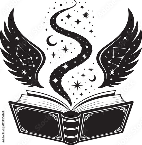 A crisp black silhouette of an enchanted spellbook with luminous stars rising from its open pages in a clean SVG-friendly style.