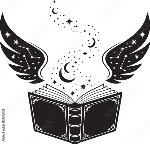 A crisp black silhouette of an enchanted spellbook with luminous stars rising from its open pages in a clean SVG-friendly style.