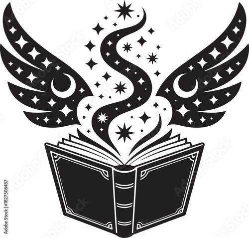 A crisp black silhouette of an enchanted spellbook with luminous stars rising from its open pages in a clean SVG-friendly style.