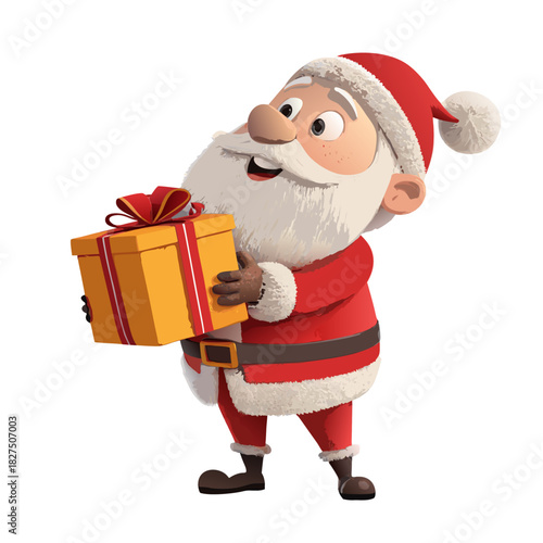 Santa Claus holding a gift box. On transparent Background. Merry Christmas and Happy New Year Santa on transparent Background. Santa on transparent Background for banner and poster.