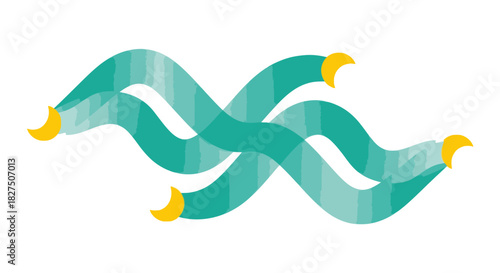 A visually engaging abstract graphic showcases two gracefully intertwined teal ribbons, featuring elegant wavy patterns, subtle gradients, and bright yellow crescent accents.