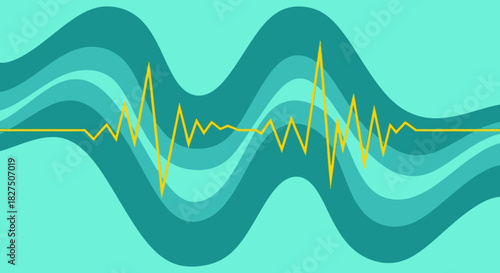 A vivid yellow jagged line, resembling an audio waveform, visually pulsates over calming layered teal and blue-green abstract waves, depicting digital energy.