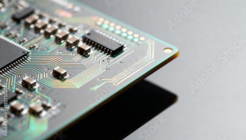 Close-up of a printed circuit board corner showing microchips, surface-mount components and intricate conductive traces on a reflective surface.